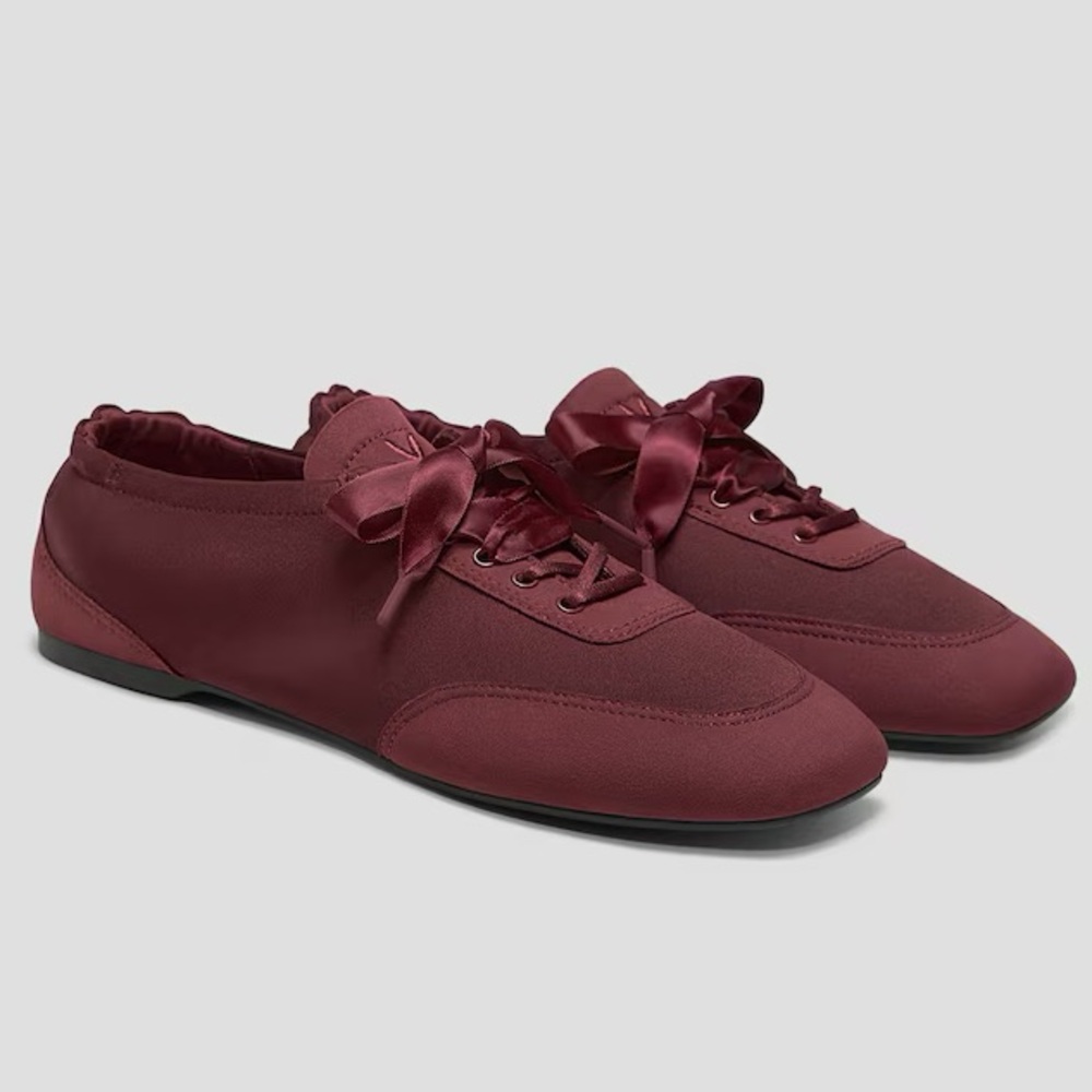 Women's Satin Ribbon Lace-Up Sneakers - Burgundy